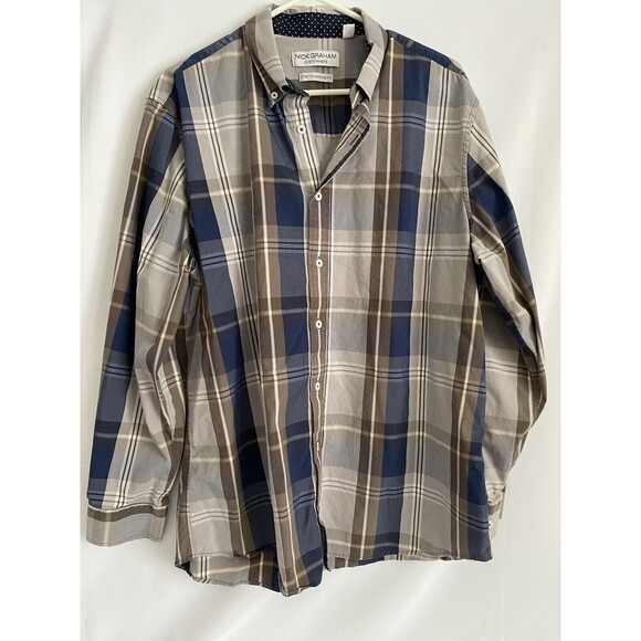 Nick Graham Everywhere Mens Long Sleeve Blue Brown Gray Plaid Button Up Shirt XL - Picture 1 of 8